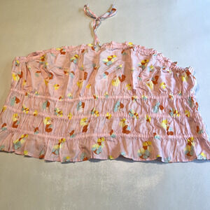 BP Womens Pink 3X Smocked Halter Top Floral Print Ruffle Trim Sleeveless‎